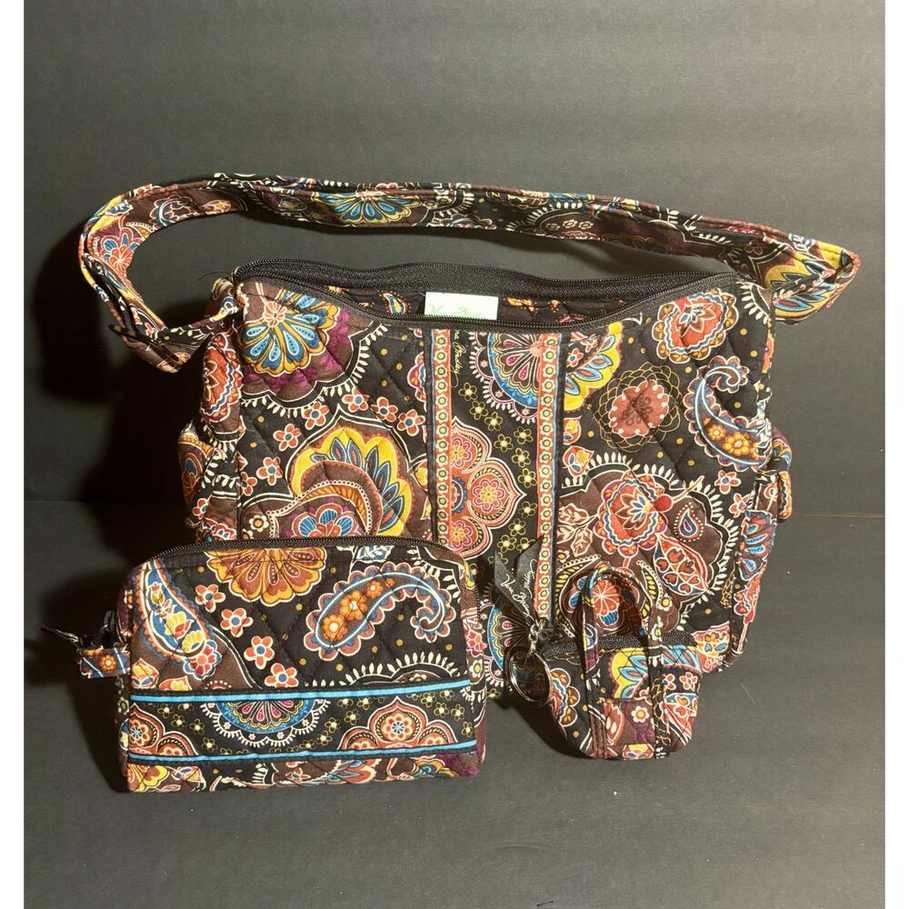 Vera Bradley Brown Paisley Crossbody Bag + Zip Pouch & Mini Purse Keychain